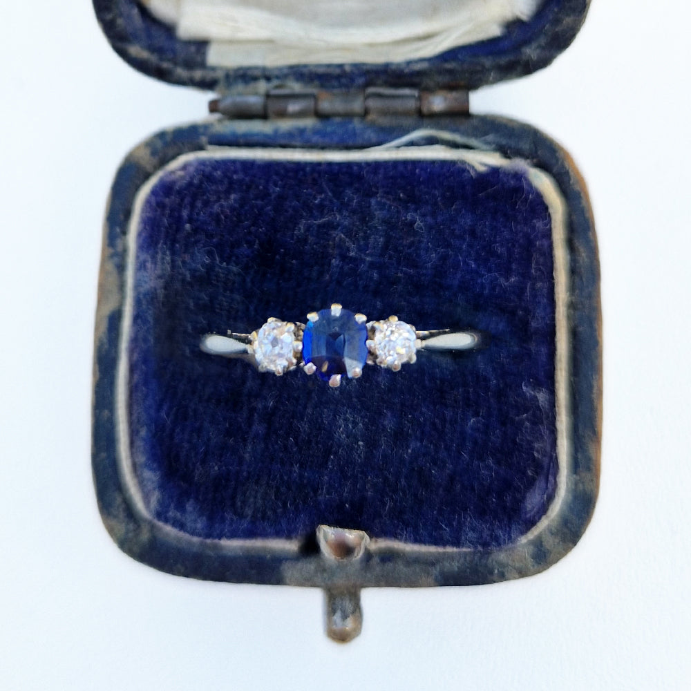 Antique Sapphire & Old European Cut Diamond Trilogy Ring