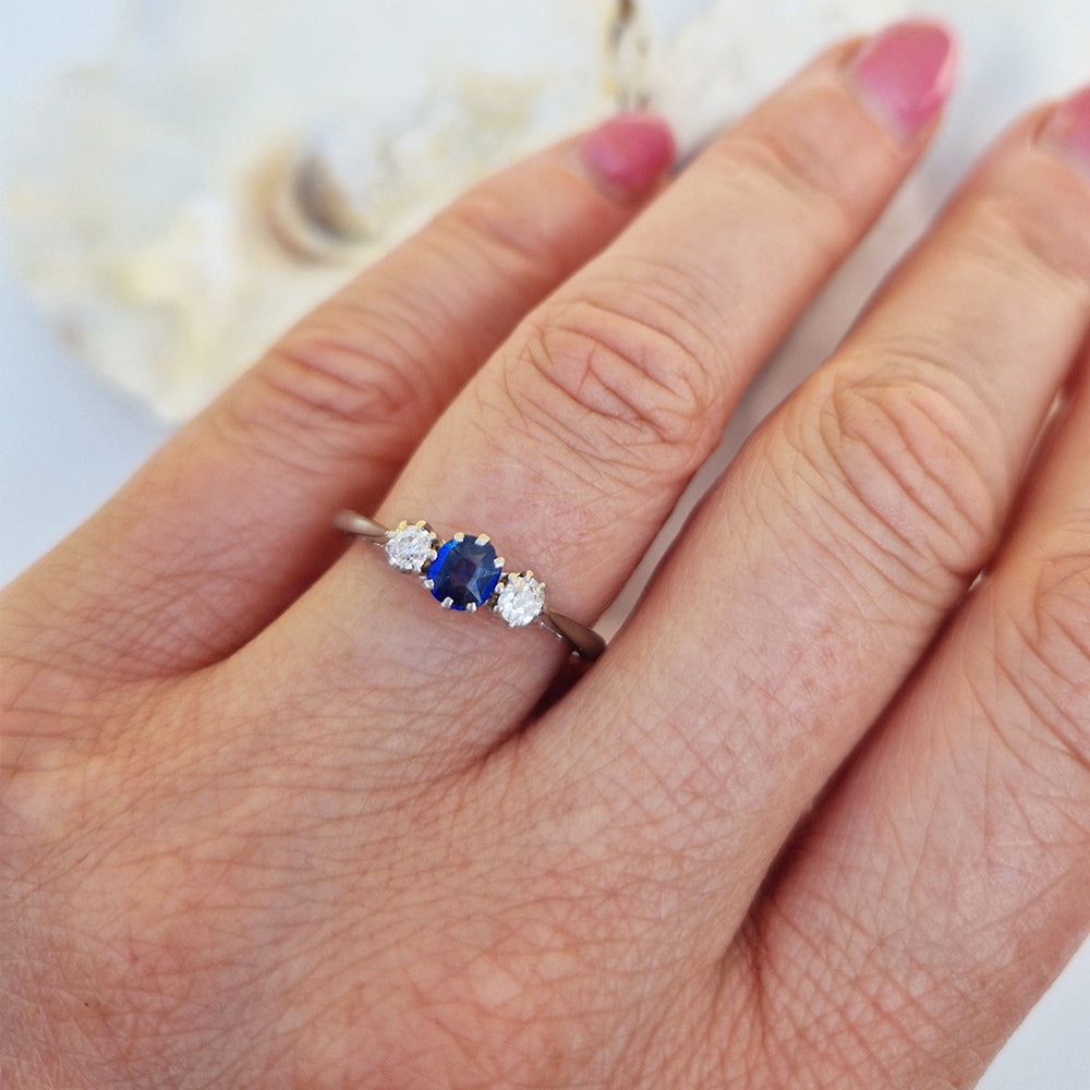 Antique Sapphire & Old European Cut Diamond Trilogy Ring