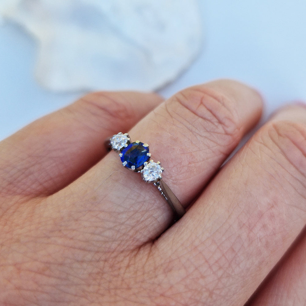 Antique Sapphire & Old European Cut Diamond Trilogy Ring