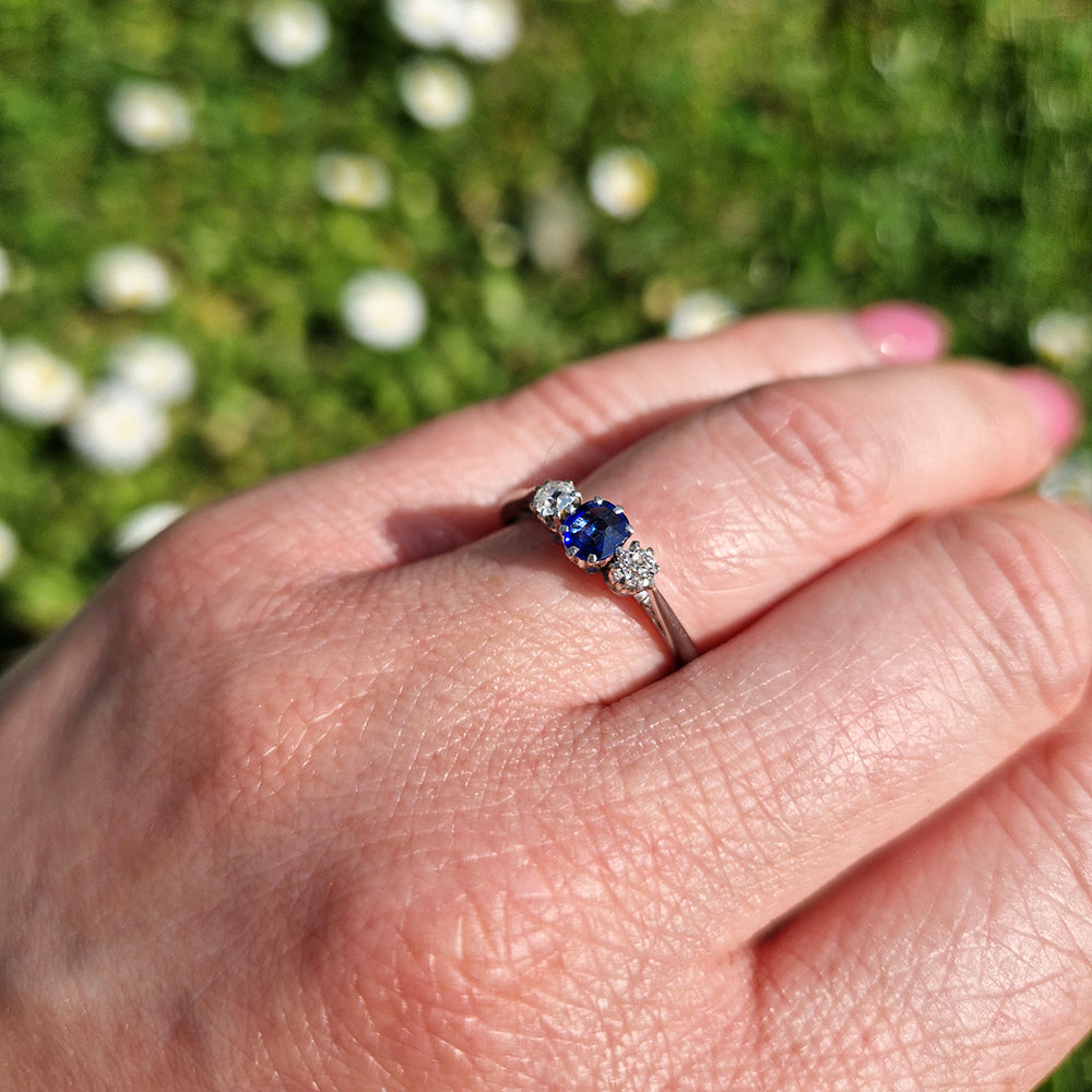 Antique Sapphire & Old European Cut Diamond Trilogy Ring