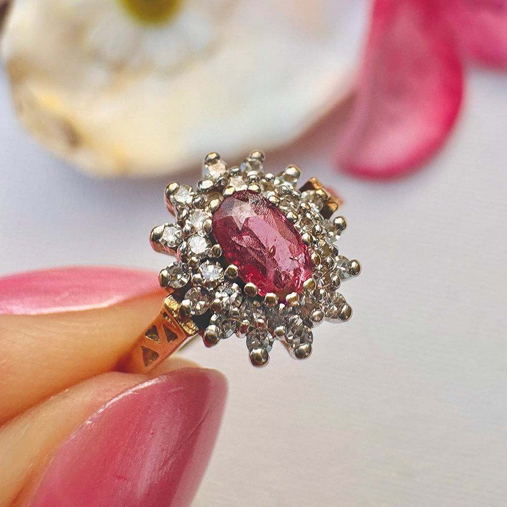 1988 Vintage Ruby & Diamond Cluster Ring