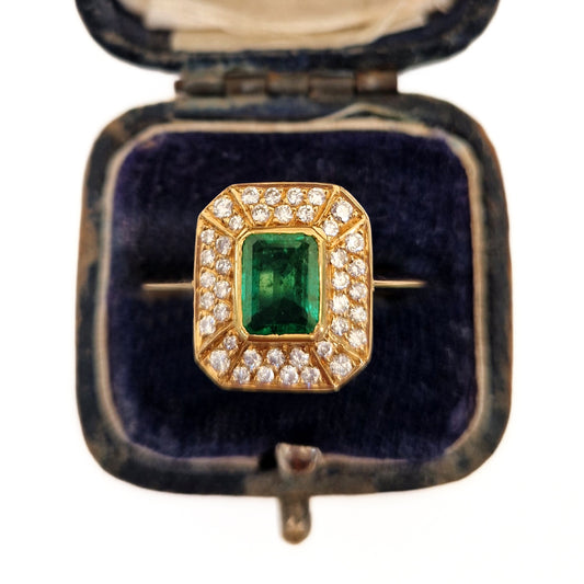 1987 Vintage 1ct Emerald & Diamond Cluster Ring