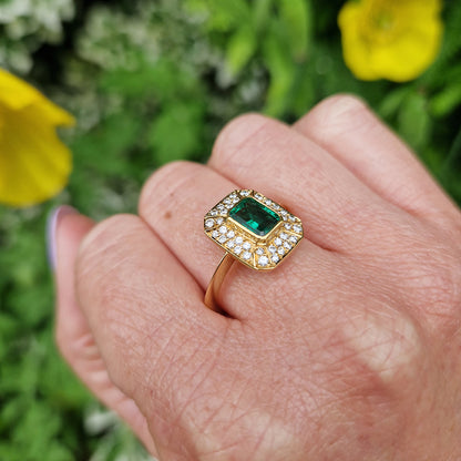 1987 Vintage 1ct Emerald & Diamond Cluster Ring