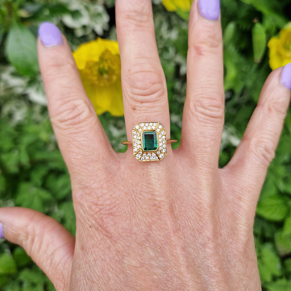 1987 Vintage 1ct Emerald & Diamond Cluster Ring