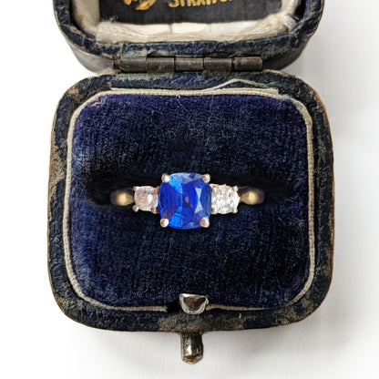 Vintage 1.2ct Cushion Cut Sapphire & Diamond Trilogy Ring