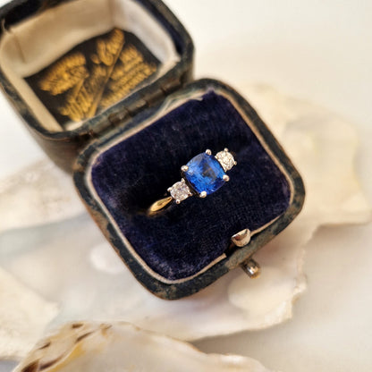 Vintage 1.2ct Cushion Cut Sapphire & Diamond Trilogy Ring