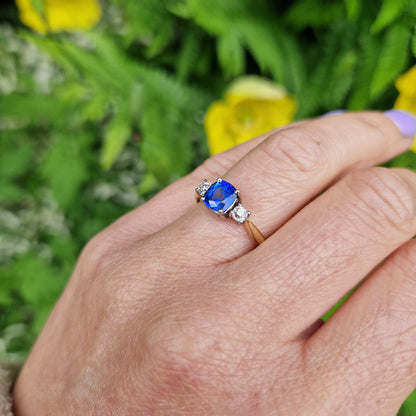 Vintage 1.2ct Cushion Cut Sapphire & Diamond Trilogy Ring