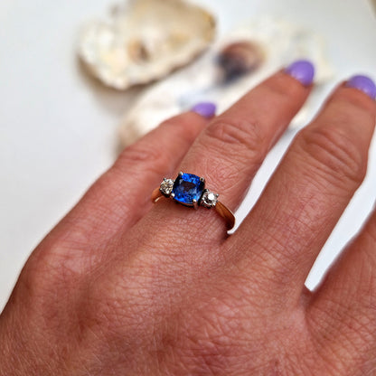 Vintage 1.2ct Cushion Cut Sapphire & Diamond Trilogy Ring