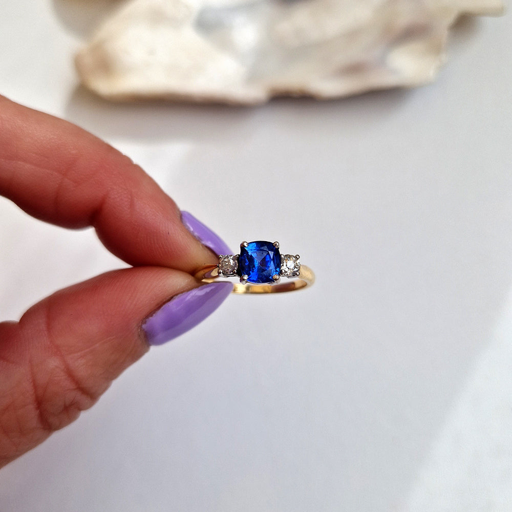 Vintage 1.2ct Cushion Cut Sapphire & Diamond Trilogy Ring