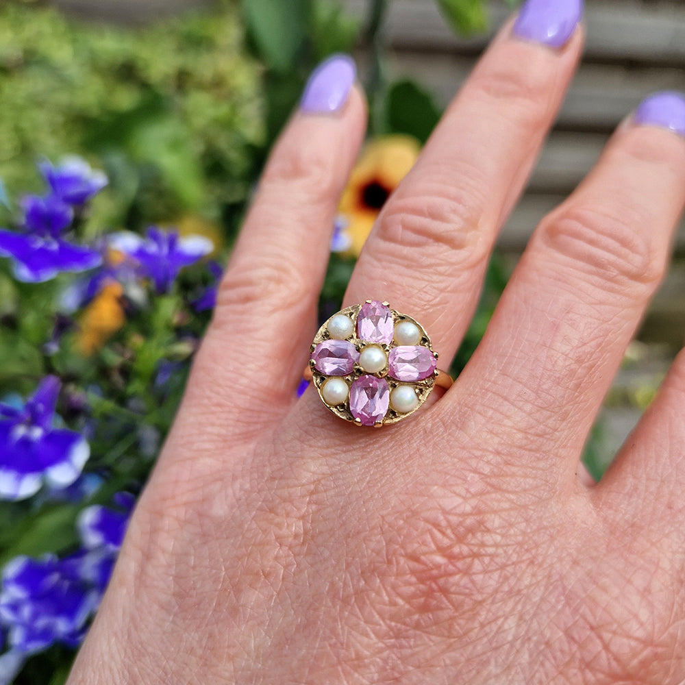 Vintage Pink Sapphire & Pearl Cluster Ring