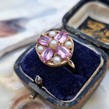 Vintage Pink Sapphire & Pearl Cluster Ring