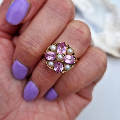 Vintage Pink Sapphire & Pearl Cluster Ring