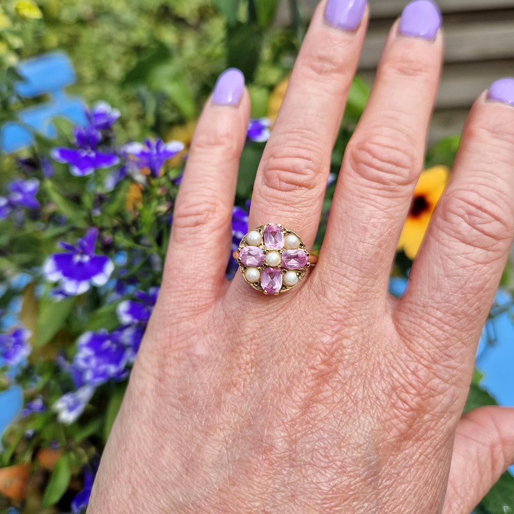 Vintage Pink Sapphire & Pearl Cluster Ring