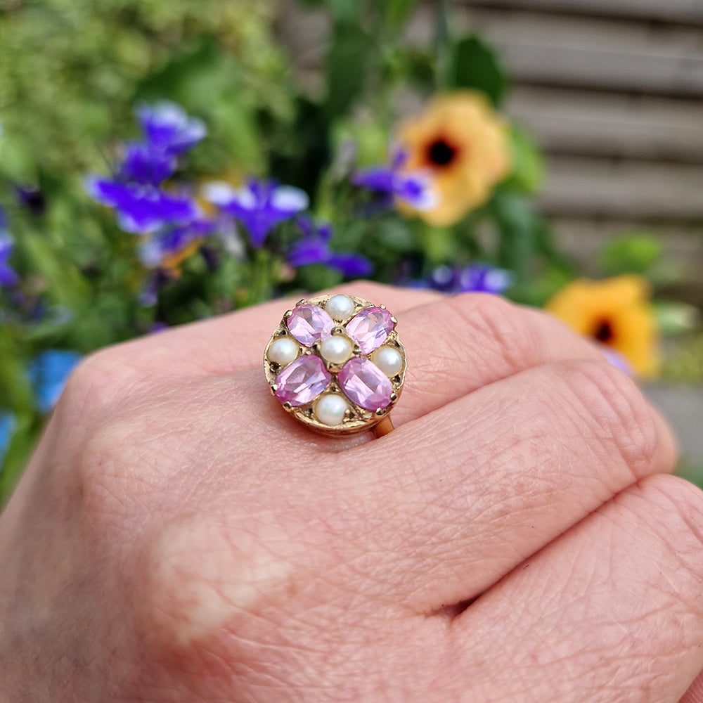 Vintage Pink Sapphire & Pearl Cluster Ring