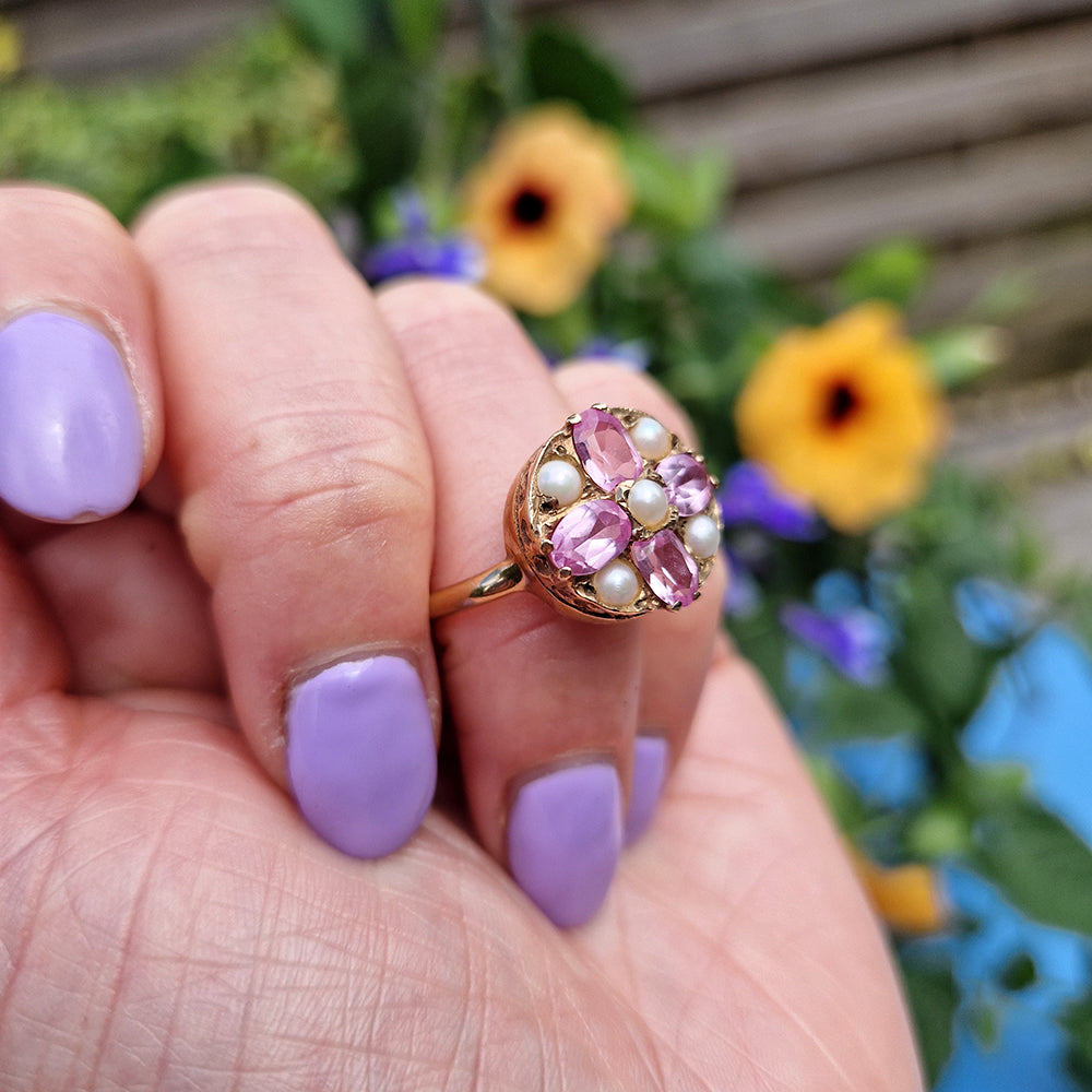 Vintage Pink Sapphire & Pearl Cluster Ring