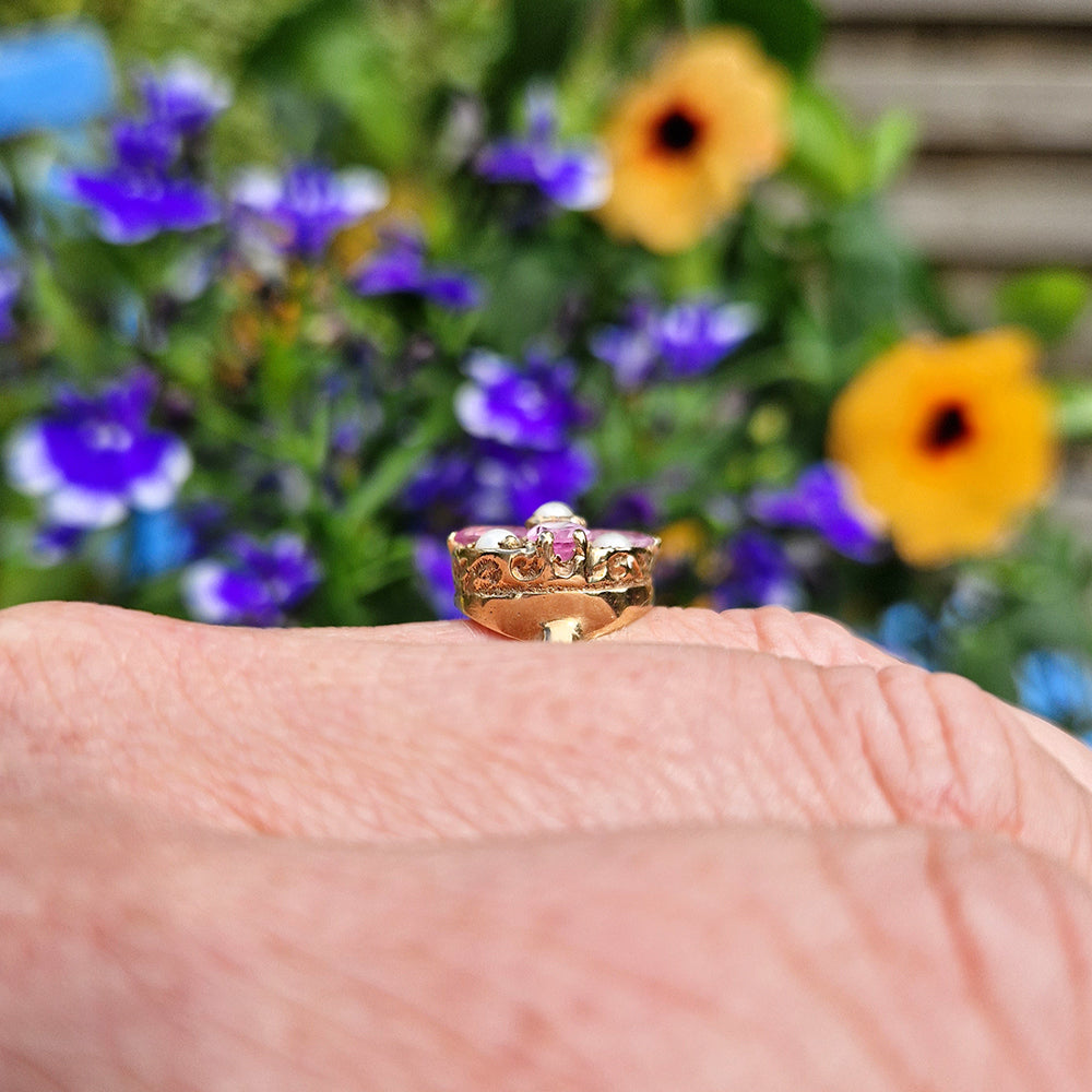 Vintage Pink Sapphire & Pearl Cluster Ring