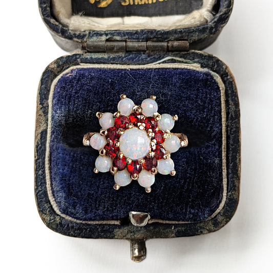 1975 Vintage Opal & Garnet Floral Cluster Ring