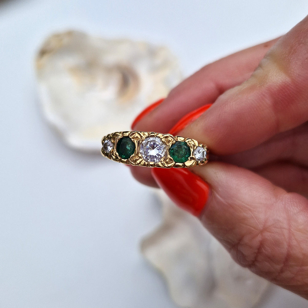 1978 Vintage Emerald & Diamond Five Stone Ring