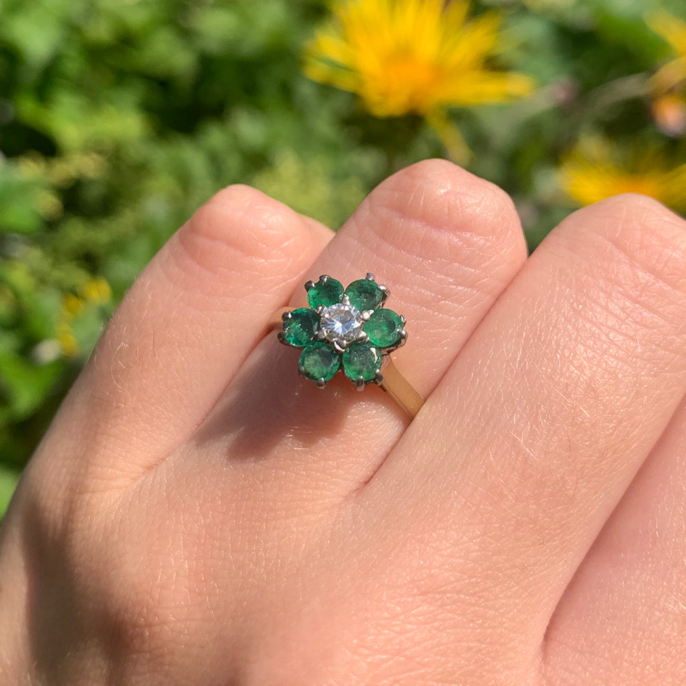 1971 Vintage Emerald & Diamond Floral Cluster Ring