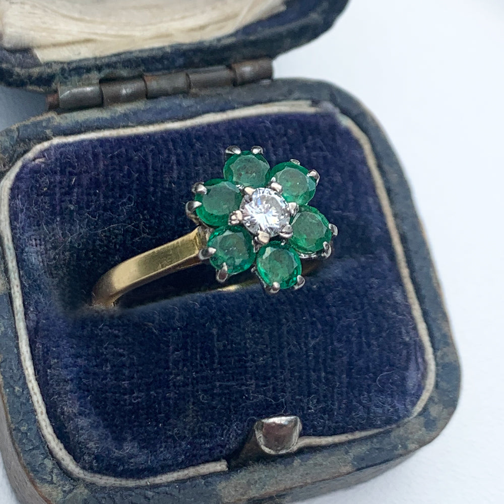 1971 Vintage Emerald & Diamond Floral Cluster Ring