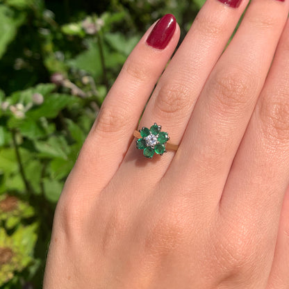 1971 Vintage Emerald & Diamond Floral Cluster Ring