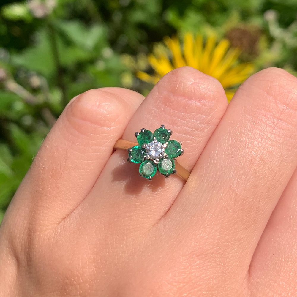 1971 Vintage Emerald & Diamond Floral Cluster Ring