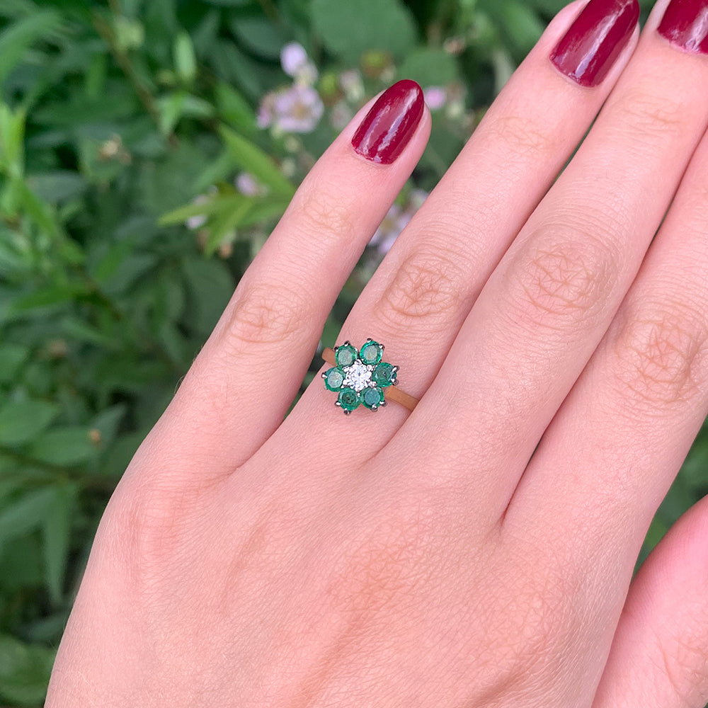 1971 Vintage Emerald & Diamond Floral Cluster Ring