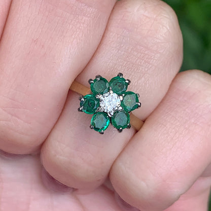 1971 Vintage Emerald & Diamond Floral Cluster Ring