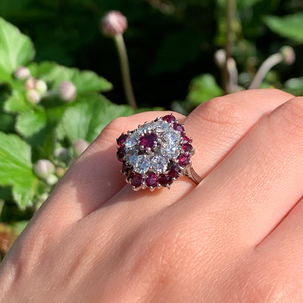 Vintage 3ct Ruby & 1.6ct Diamond Cluster Ring