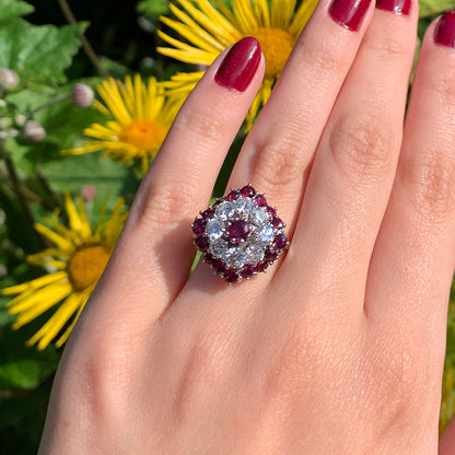 Vintage 3ct Ruby & 1.6ct Diamond Cluster Ring