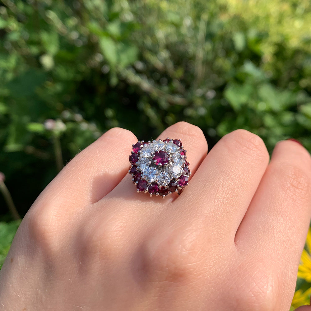 Vintage 3ct Ruby & 1.6ct Diamond Cluster Ring