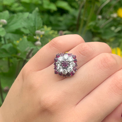 Vintage 3ct Ruby & 1.6ct Diamond Cluster Ring