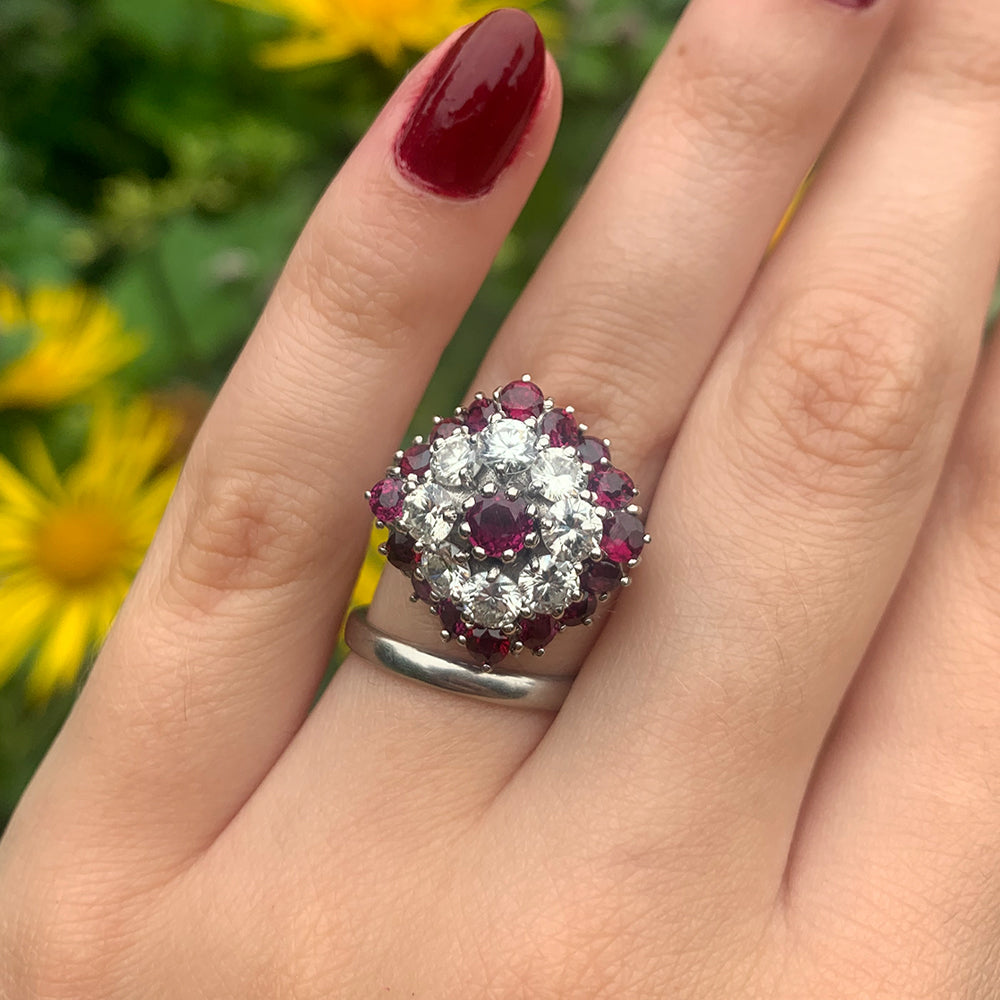 Vintage 3ct Ruby & 1.6ct Diamond Cluster Ring