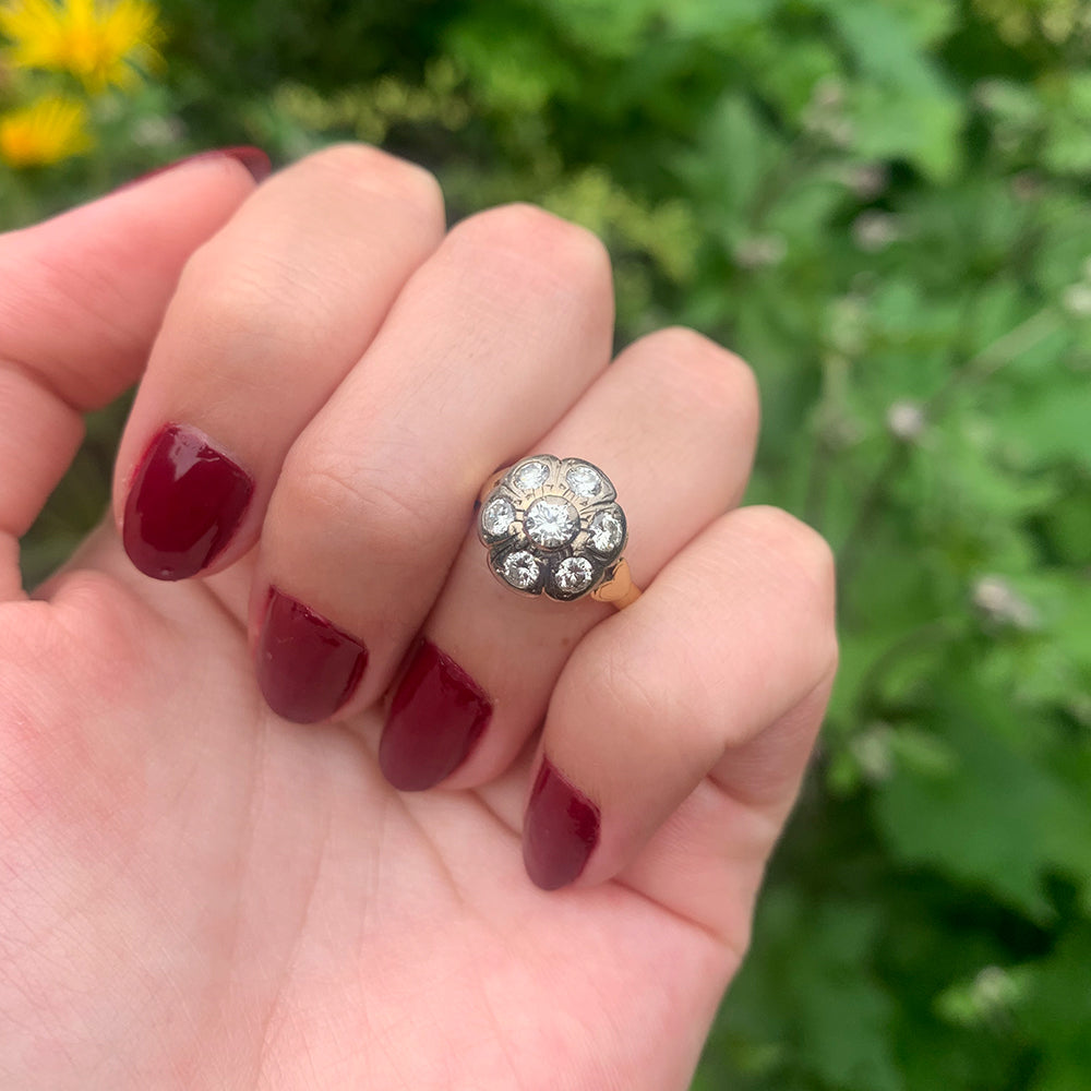 c1980's Vintage 0.80ct Diamond Floral Cluster Ring