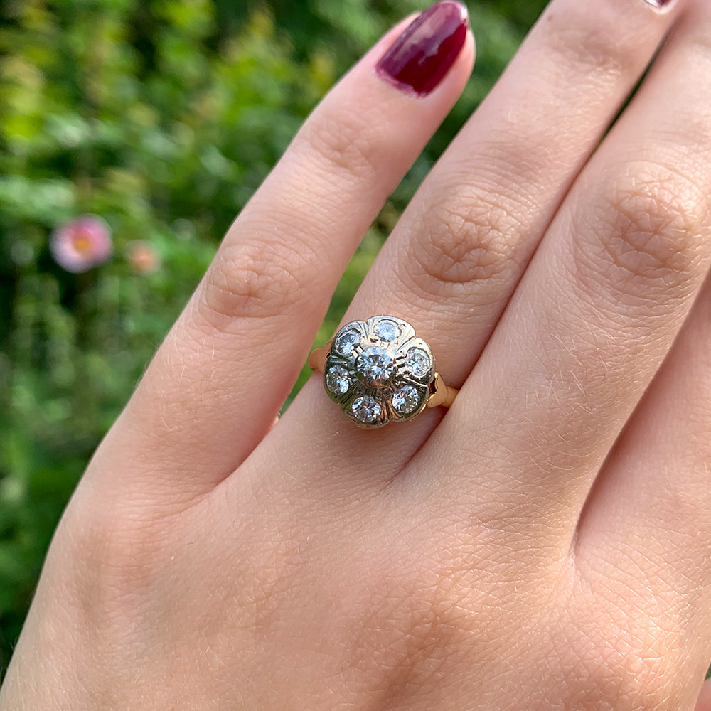 c1980's Vintage 0.80ct Diamond Floral Cluster Ring