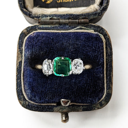 Antique 0.85ct Emerald & 0.50ct Diamond Trilogy Ring