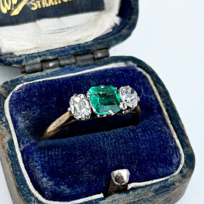 Antique 0.85ct Emerald & 0.50ct Diamond Trilogy Ring