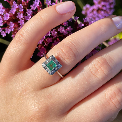 Antique Emerald & Old European Cut Diamond Cluster Ring