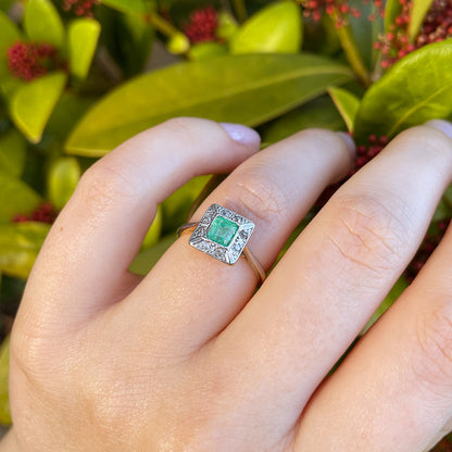 Antique Emerald & Old European Cut Diamond Cluster Ring