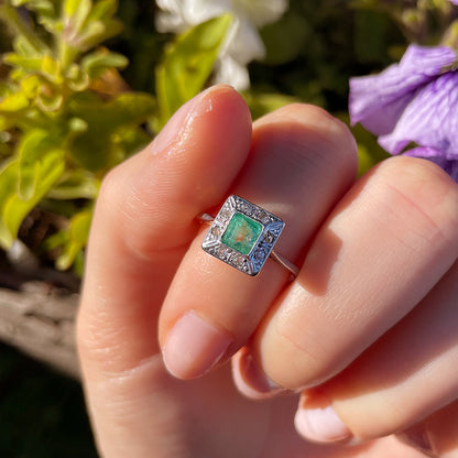 Antique Emerald & Old European Cut Diamond Cluster Ring