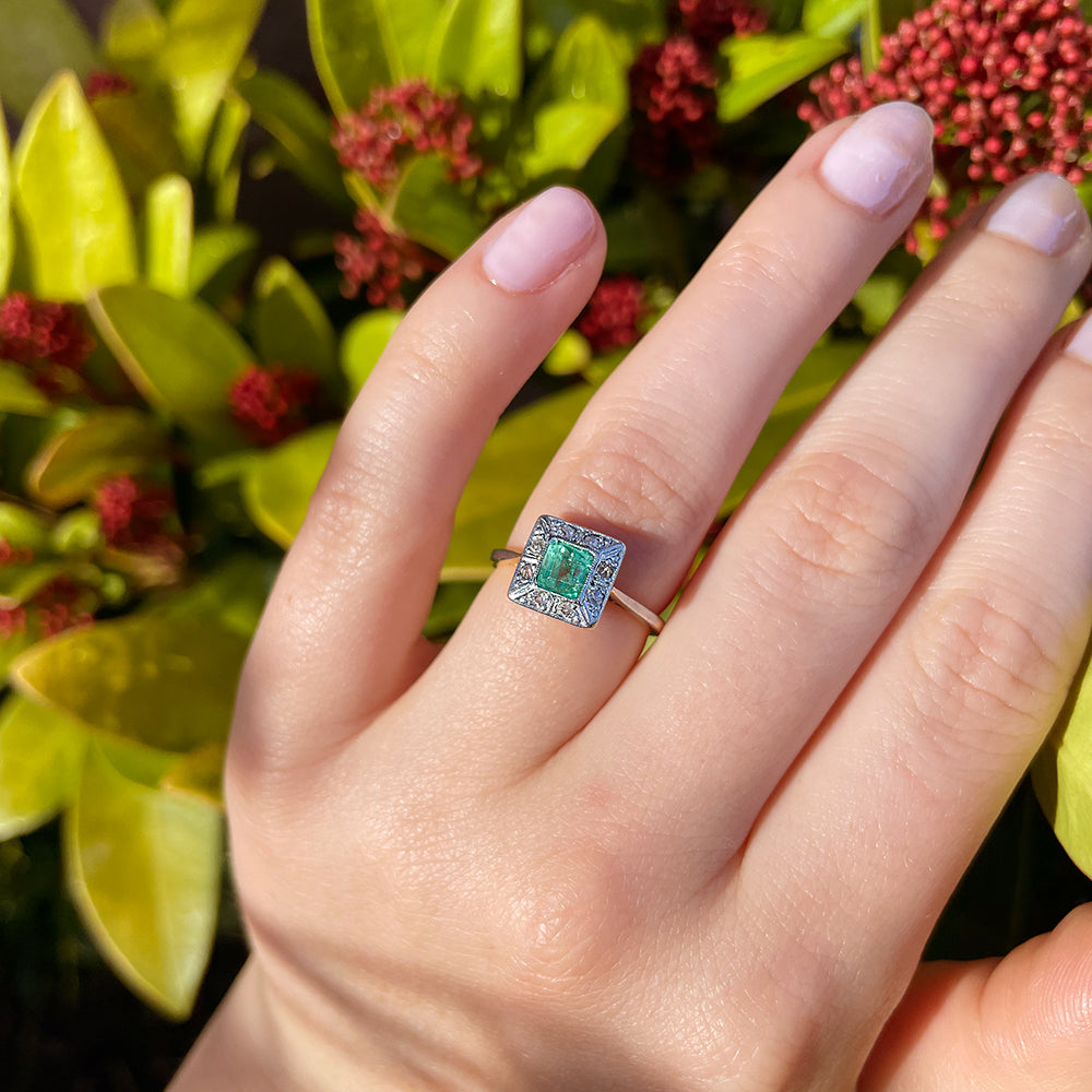 Antique Emerald & Old European Cut Diamond Cluster Ring