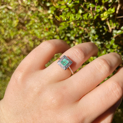 Antique Emerald & Old European Cut Diamond Cluster Ring