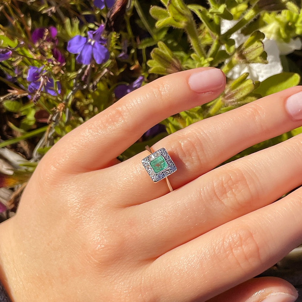 Antique Emerald & Old European Cut Diamond Cluster Ring