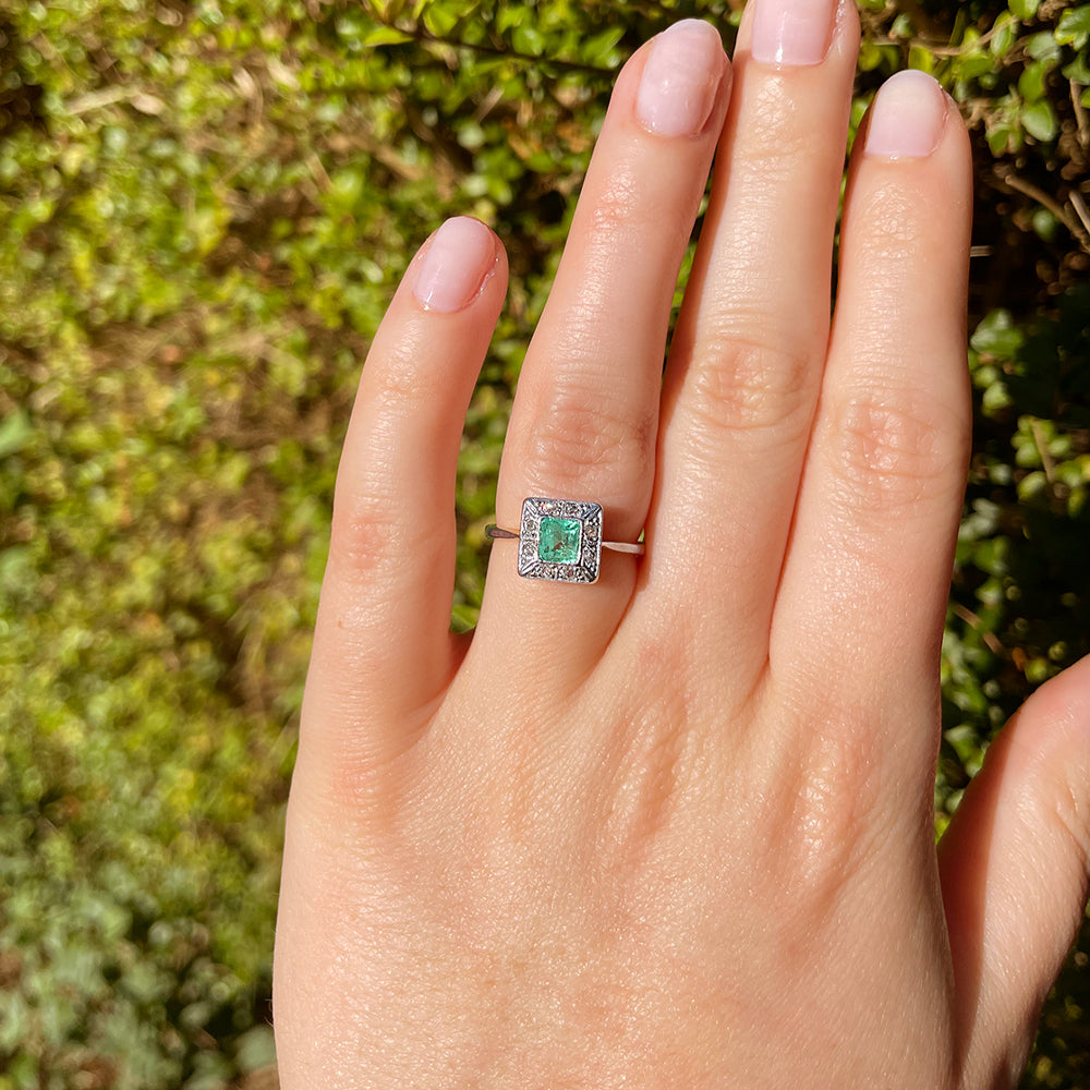 Antique Emerald & Old European Cut Diamond Cluster Ring