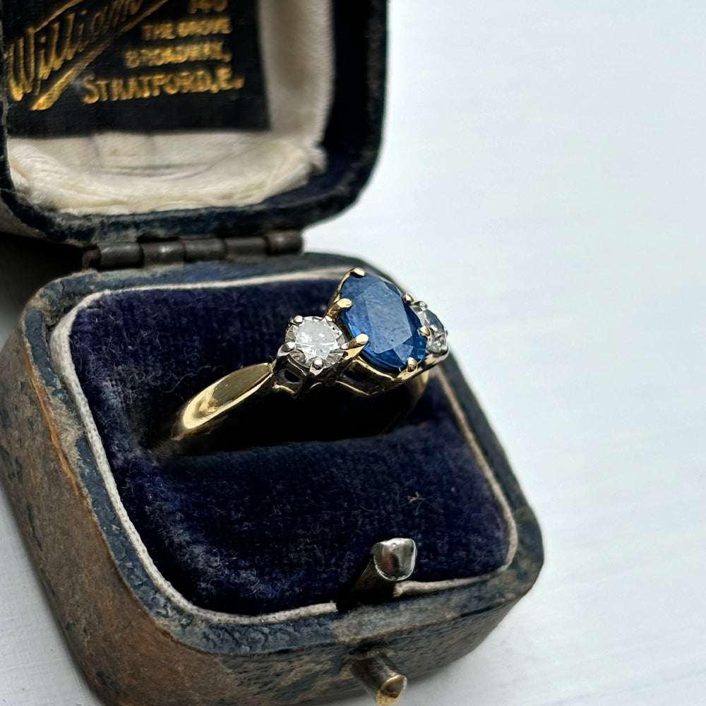 Vintage 1.5ct Sapphire & 0.50ct Diamond Trilogy Ring