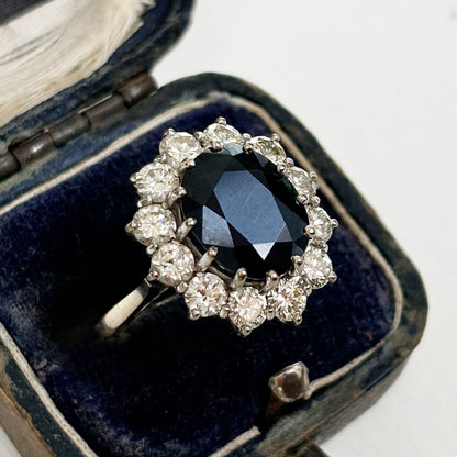 1975 Vintage 4.75ct Sapphire & 1.80ct Diamond Cluster Ring