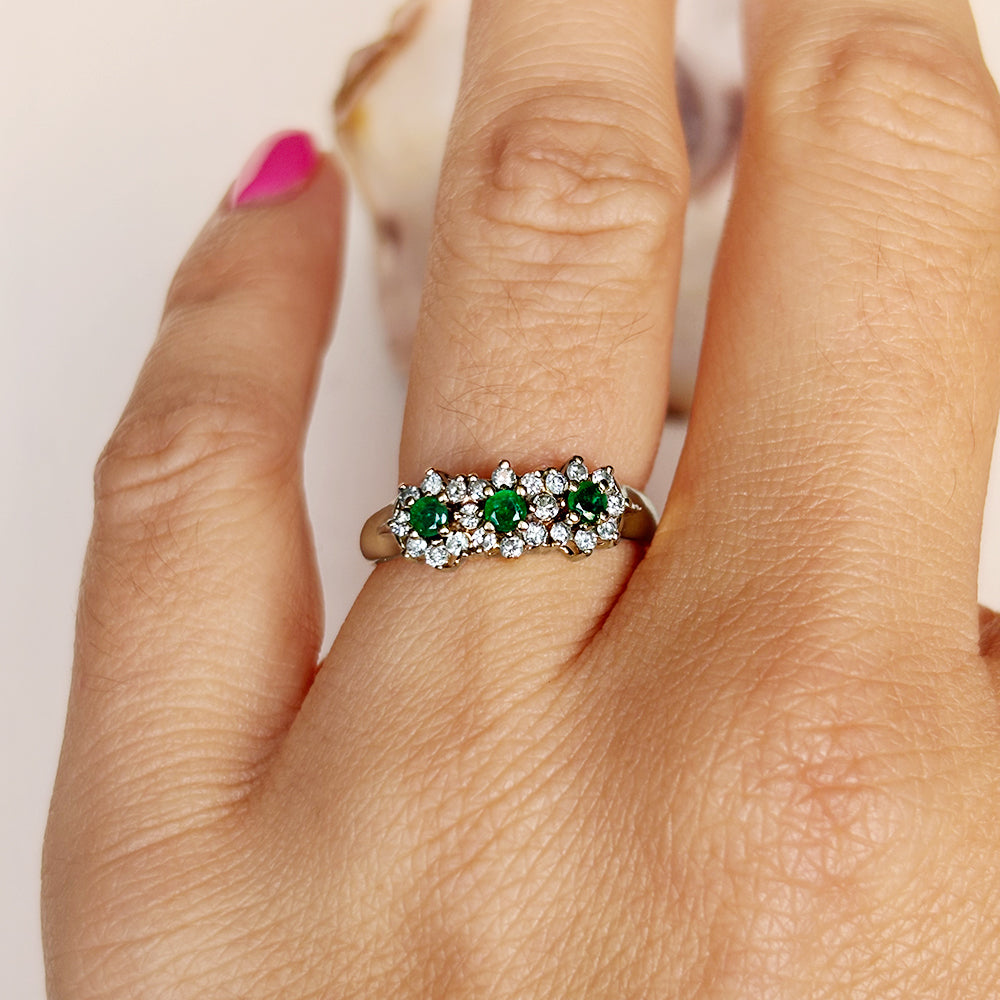 Vintage Emerald & Diamond Cluster Trilogy Ring