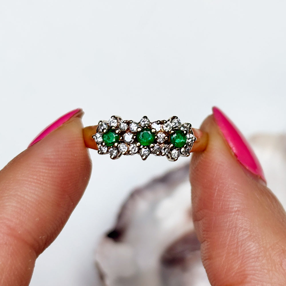 Vintage Emerald & Diamond Cluster Trilogy Ring