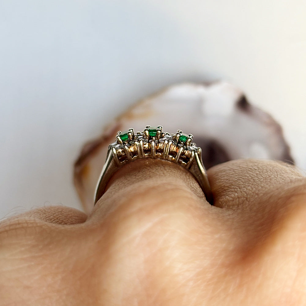 Vintage Emerald & Diamond Cluster Trilogy Ring