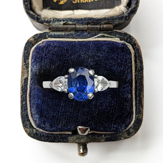 Vintage Platinum 1ct Sapphire & 0.60ct Diamond Trilogy Ring